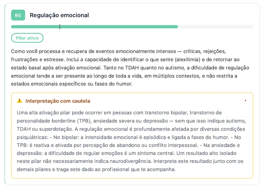 Trecho do relatório sobre Regulação emocional, com uma caixa de Interpretação com cautela explicando que pontuação alta nesse pilar também ocorre em transtorno bipolar, TPB, ansiedade e depressão.